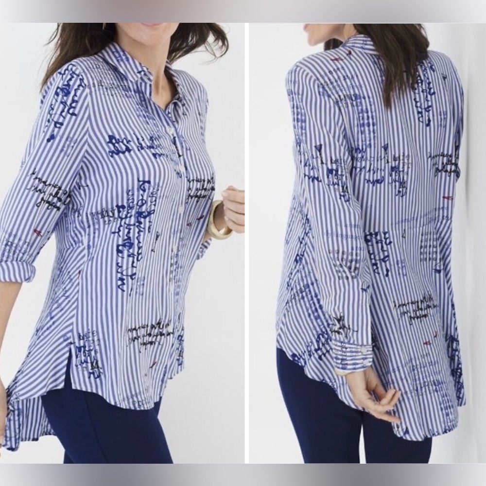 Chico's Blue White Striped Coastal Conversational Button Up Long Sleeve Blouse L
